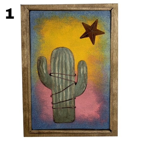 Mixed Media Wall Art Saguaro Cactus Scene Sunset Stars Desert Southwest 6 x 8 - Picture 5 of 5